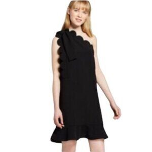 VICTORIA BECKHAM One Shoulder Bow and Scallop Trim Black Dress Small